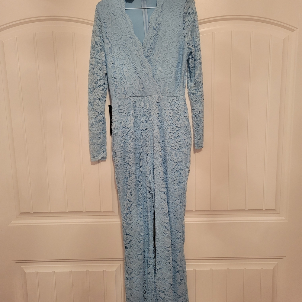 bebe Light Blue Lace Long Sleeve Jumpsuit Sz. Medium Brand NWT